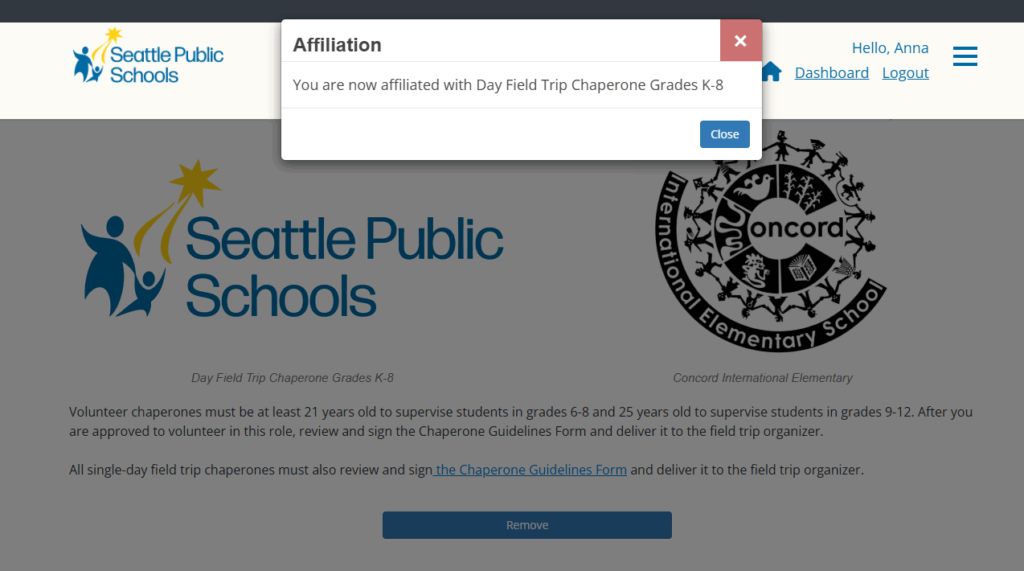 Volunteer role and school affiliation created