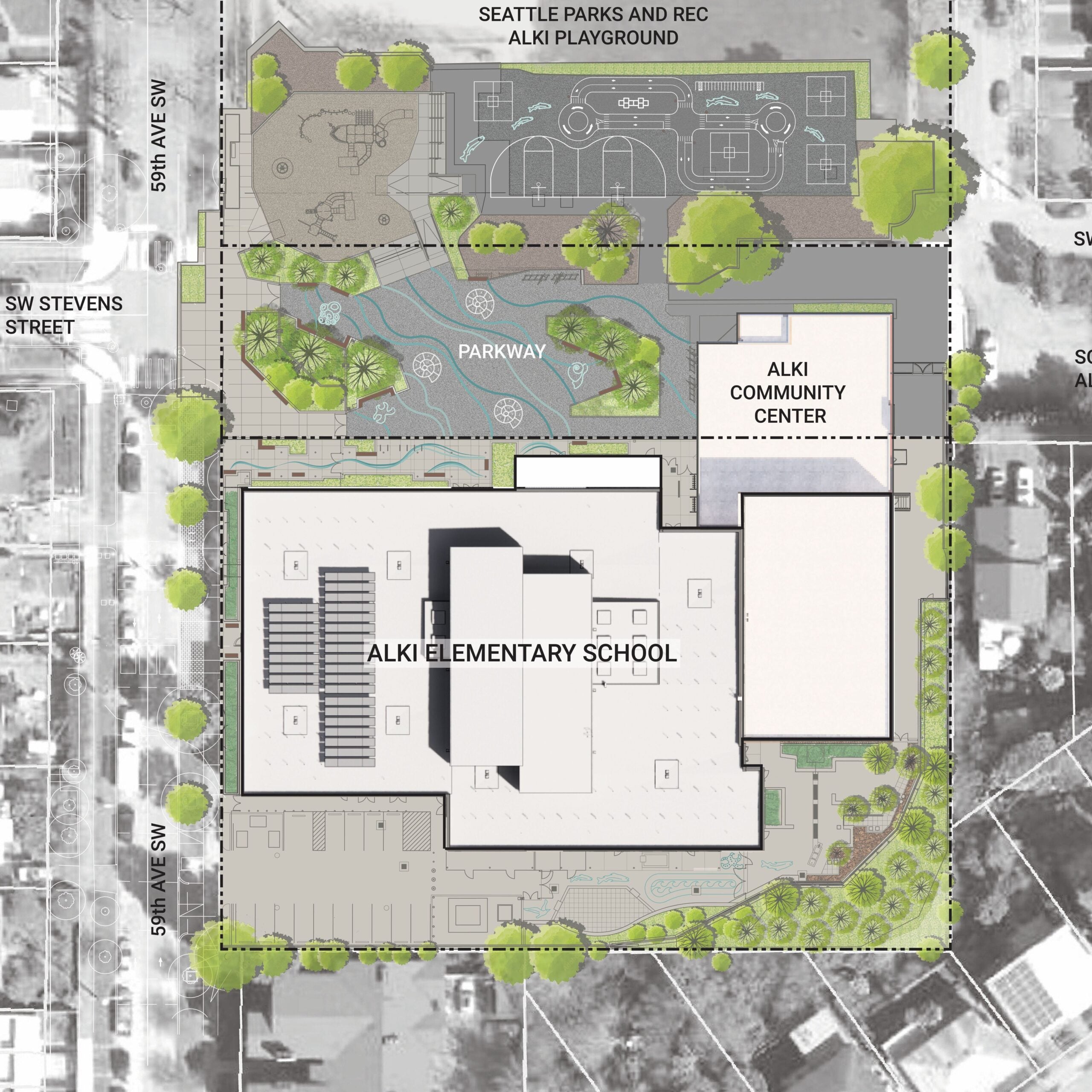 an aerial drawing showing a large building, a pedestrian roadway, and a park