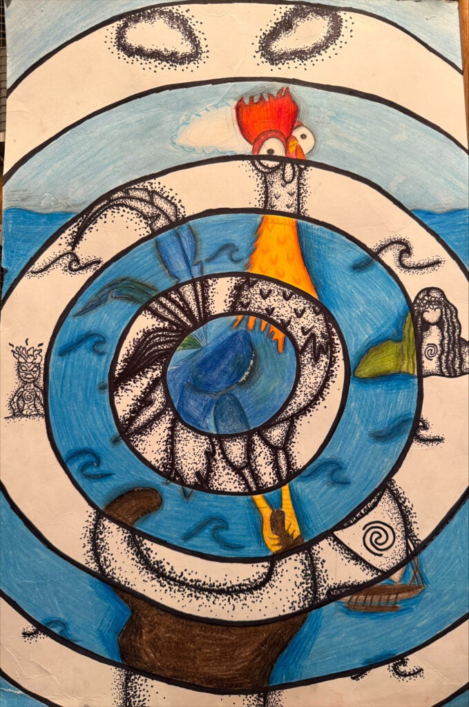 Sofia Berry, 8th Grade, "Hei Hei's journey", Mixed Media