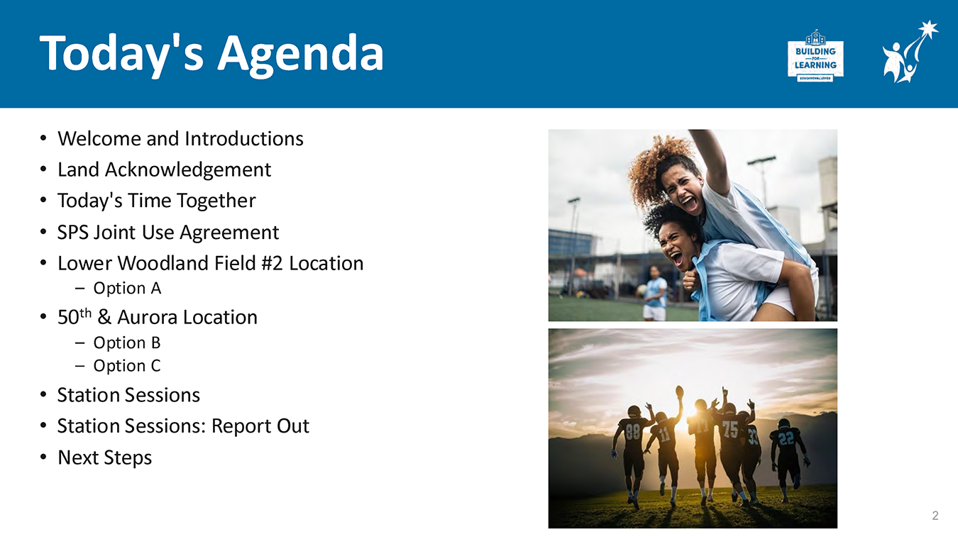 Agenda text with two images: Two students on an outdoor athletic field, one riding on the other’s back, with a soccer goal and school buildings in the background. and A group of students wearing sports uniforms walk together across a field at sunset.