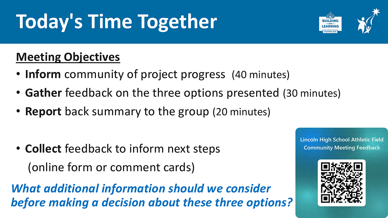Slide titled ‘Today’s Time Together’ outlining meeting objectives, time allocations, and a prompt for community feedback. With a QR code for feedback