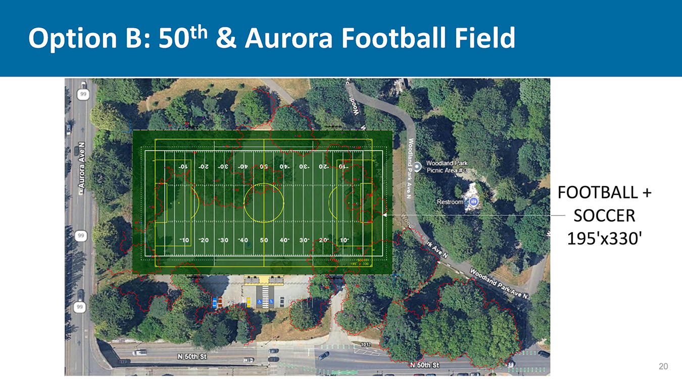 “Plan view diagram of Option B at 50th and Aurora showing a combined football and soccer field measuring approximately 195 by 330 feet, overlaid on an aerial map with surrounding streets, trees, and park features.
