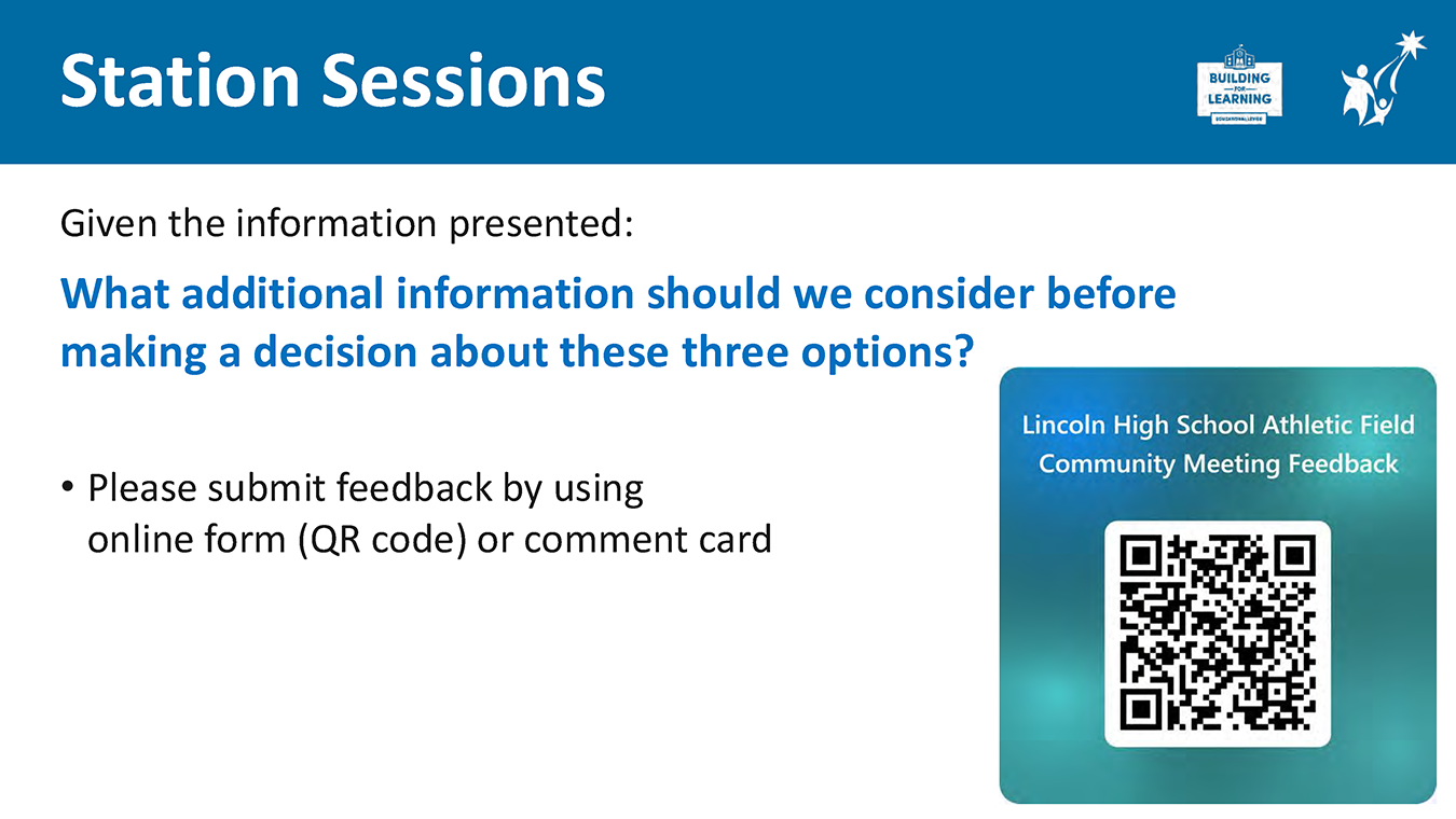lide titled ‘Station Sessions’ asking what additional information should be considered before selecting among the three options, with instructions to submit feedback using an online form or comment card. + QR code linking to the Lincoln High School Athletic Field community feedback form.