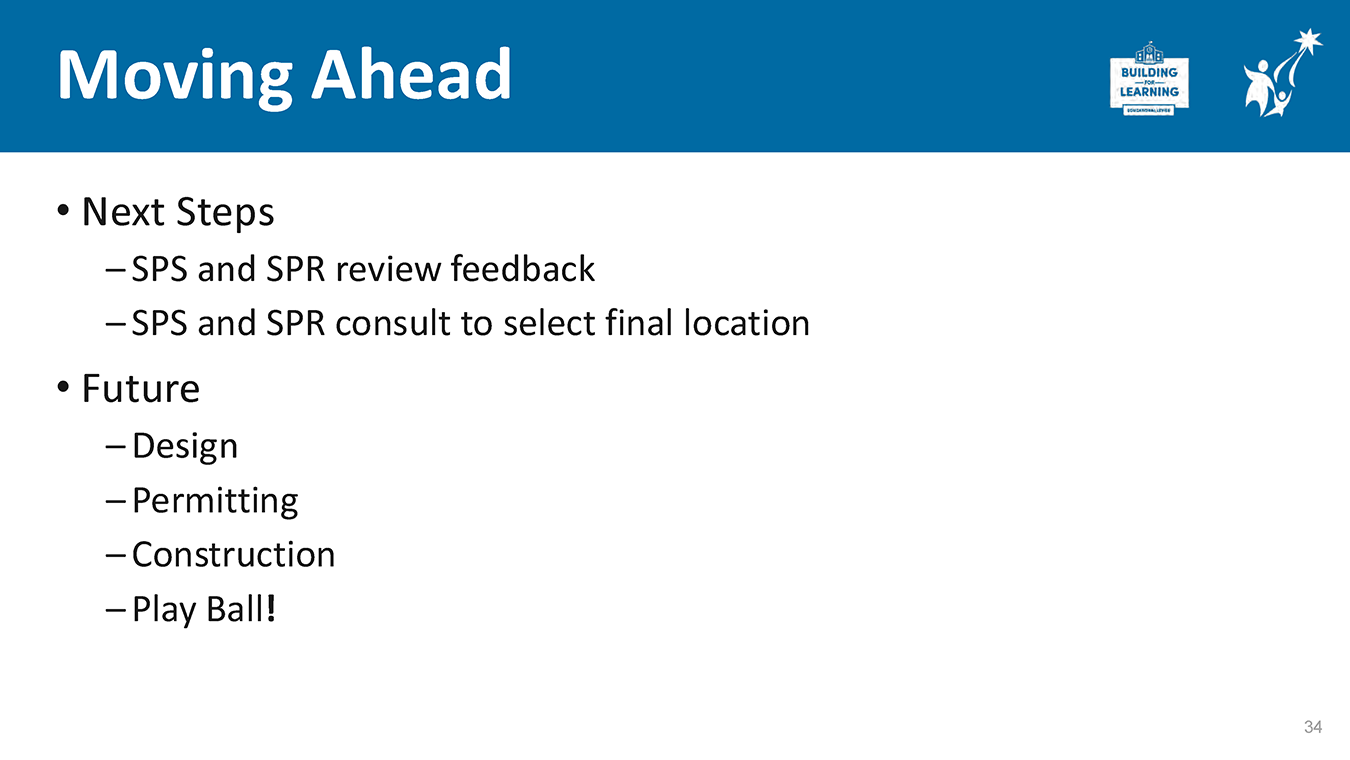 Slide titled ‘Moving Ahead’ outlining next steps, including reviewing community feedback and selecting a final location, followed by future phases of design, permitting, construction, and field use.