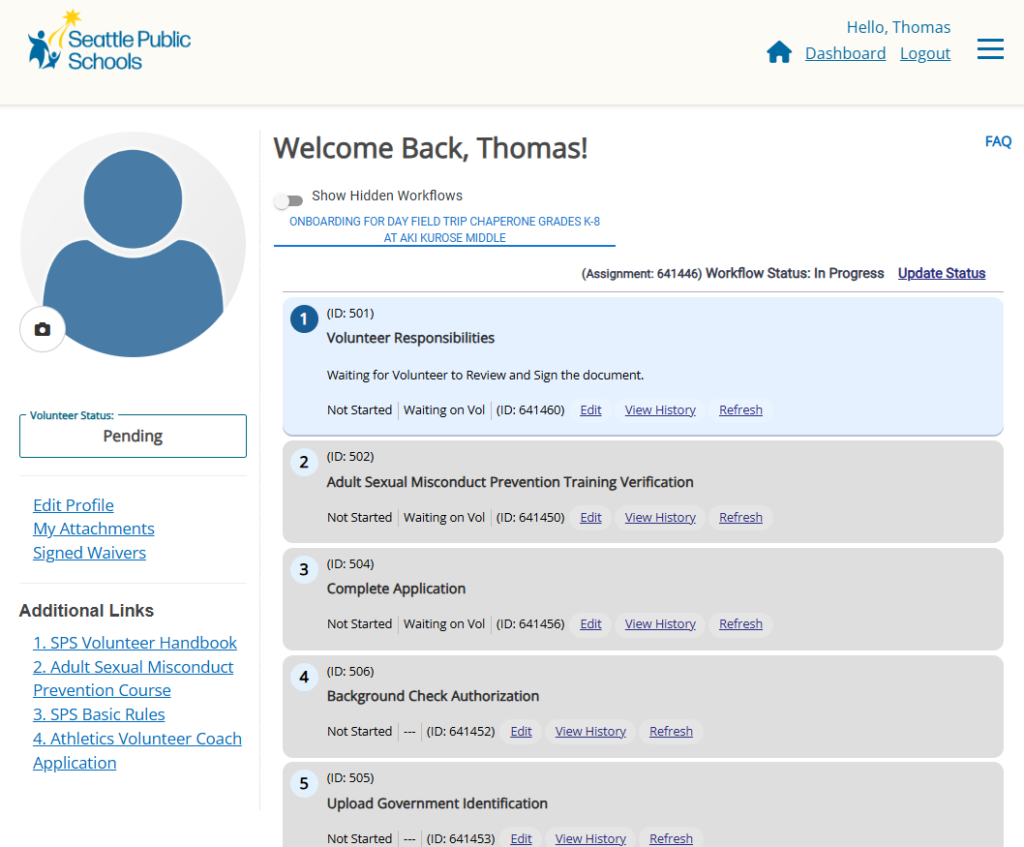 View of the volunteer dashboard 