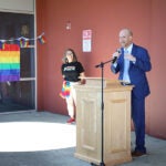 Superintendent Shuldiner speaking at JSCEE Pride Flag Raising