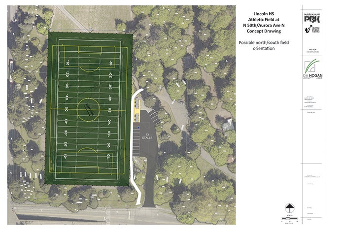 aerial of a park with an athletic field imposed: described as ﻿﻿Lincoln HS Athletic Field at N 50th/Aurora Ave N Concept Drawing Possible north/south field orientation
