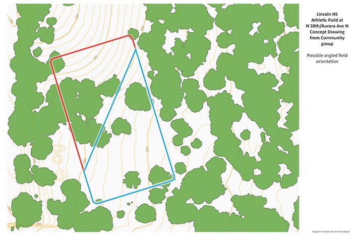 image with tree outlines and a rectangle at an angle: Described asLincoln HS Athletic Field at N 50th/Aurora Ave N Concept Drawing from Community group Possible angled field orientation