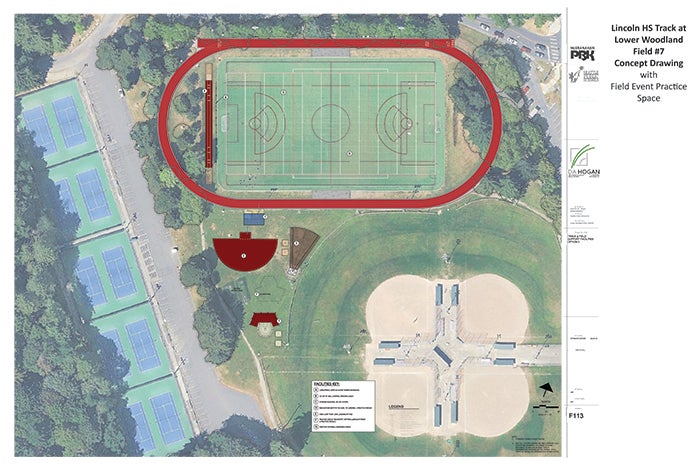 aerial of a park with an athletic field with an oval track and some shapes imposed: Described as Lincoln HS Track at Lower Woodland Field #7 Concept Drawing with Field Event Practice Space