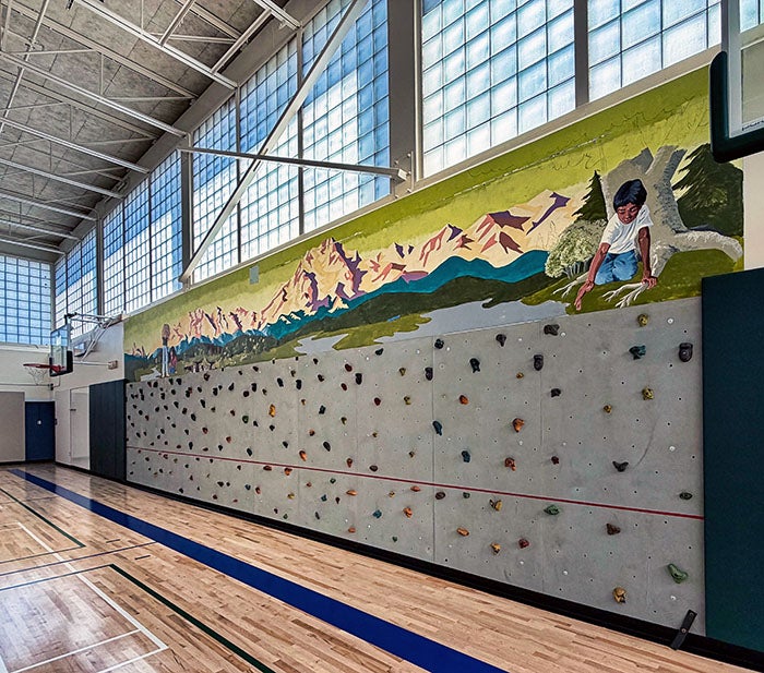a climbing wall in a gym with a mural above it and windows above that