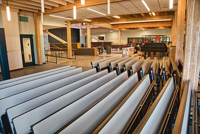 a large space with folded tables