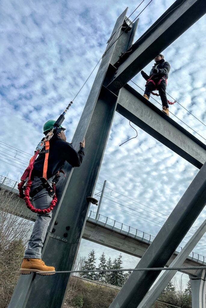 workers in harnesses in work gear, hardhats and work boots.
