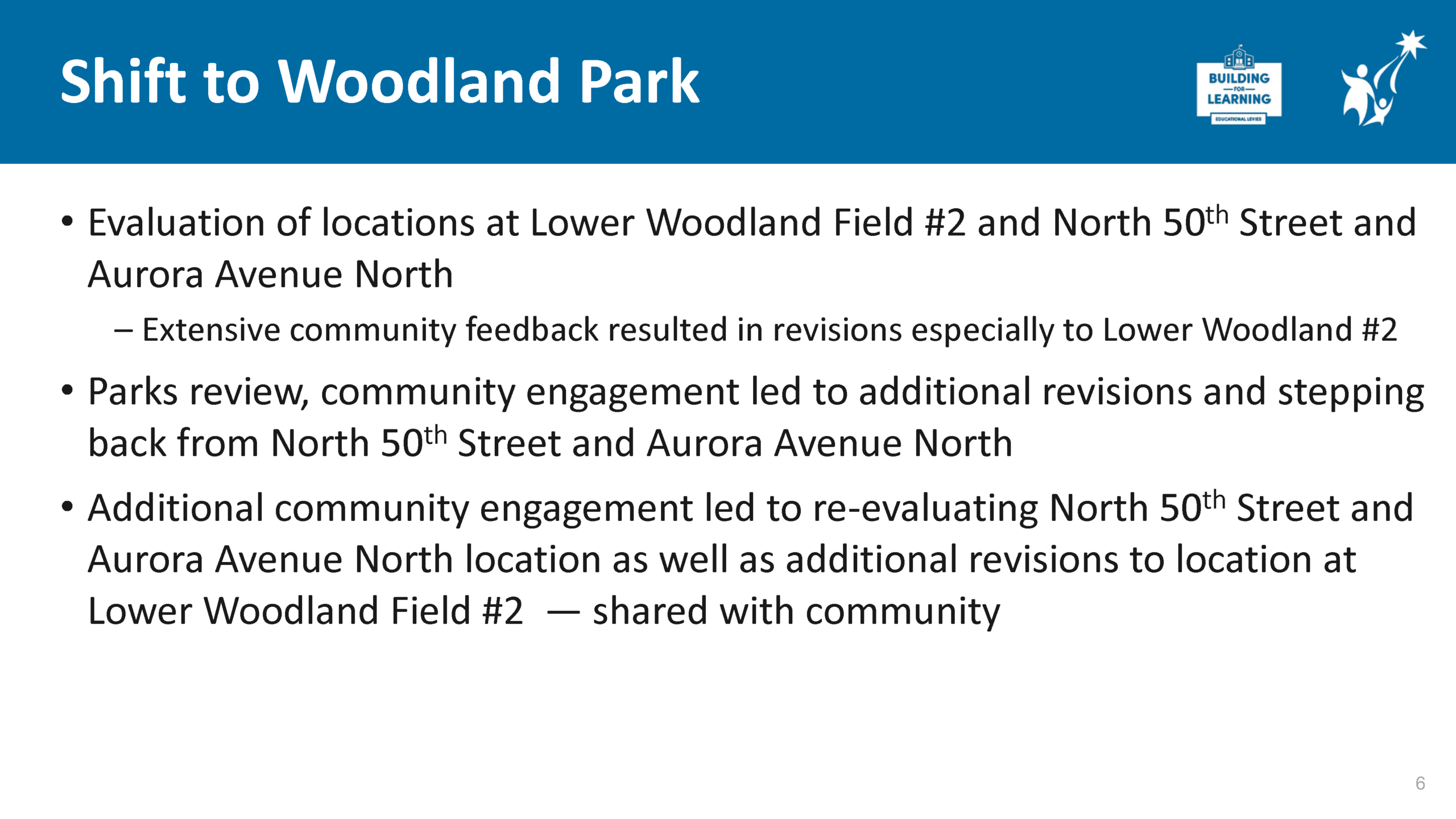 Slide6 titled Shift to Woodland Park sharing process for evaluating locations at Woodland Park
