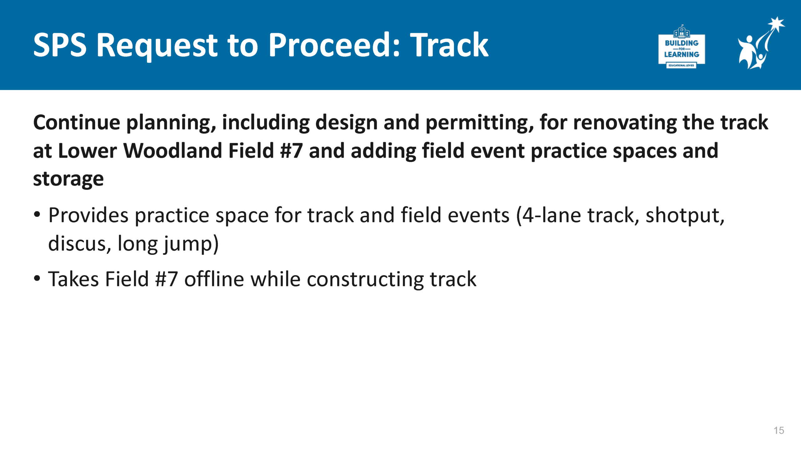 slide 15 titled: SPS request to proceed: Track asking to proceed with planning and design for renovation of the track at Lower Woodland Field #7