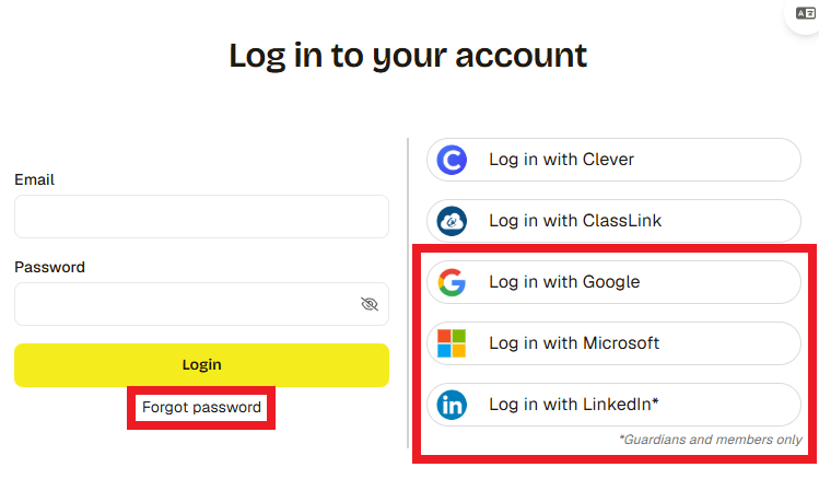 SchooLinks login page. Click Login with Google, Microsoft, or LinkedIn if you have a Google, Microsoft, or LinkedIn email on file with the district. Or click forgot password.