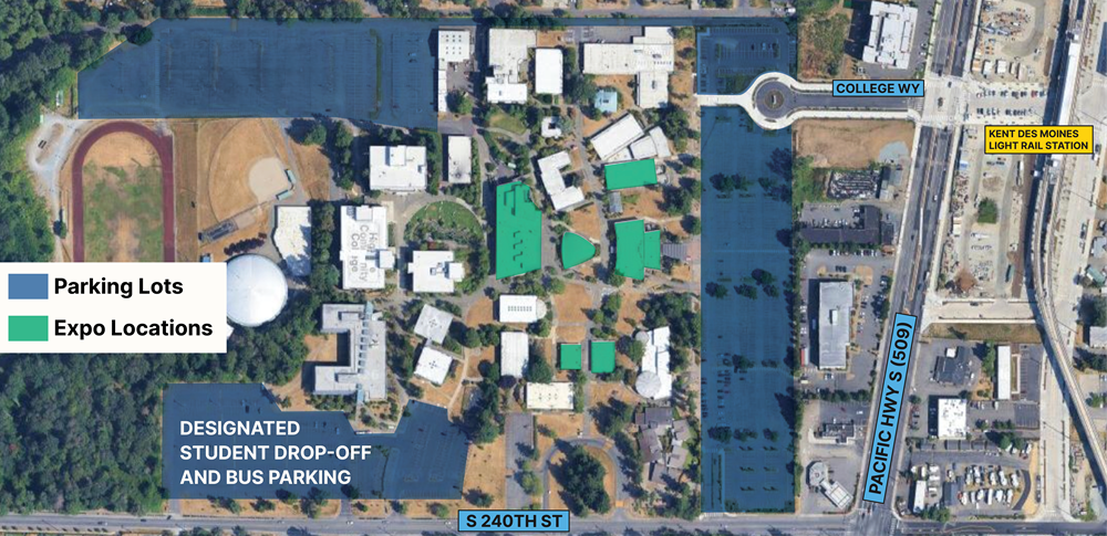 An aerial view of the Highline College. The surrounding streets of 236th Street, College Way, Pacific Highway (state route 509) and 240th street are marked for wayfinding purposes. Additionally, the buildings that the expo will take place in are highlighted as are the parking lots. The south parking lot is specifically marked as a place only for dropping off students and for students arriving by bus. Additionally, the Kent Des Moines Light Rail Station is labeled on the right side of the map. It is only one city block from the Highline College campus.