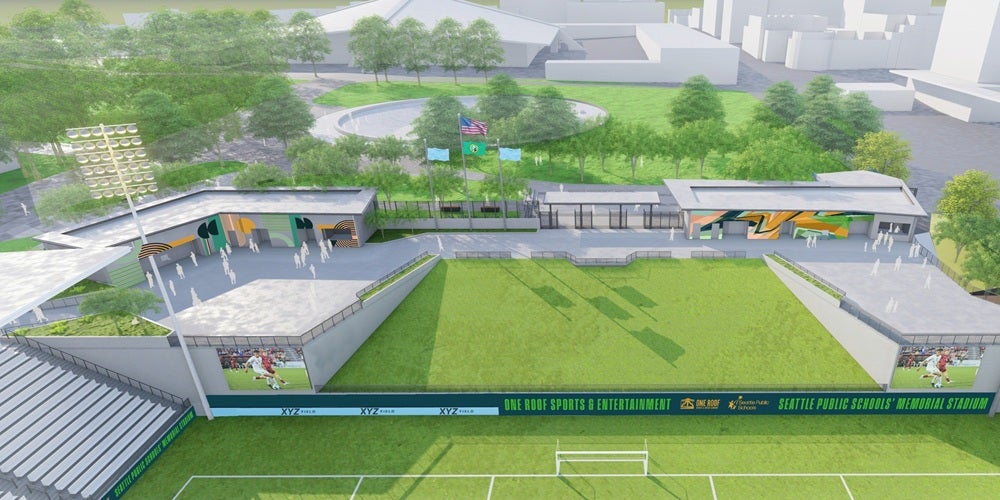 Draft sketch of memorial stadium with 4 murals visible
