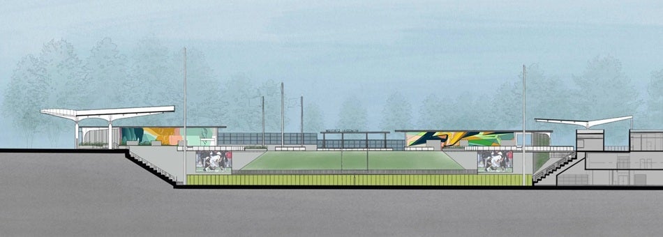 Draft sketch of memorial stadium section at mid-field looking west with 4 murals visible