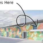 Image of a wall at Memorial Stadium with an arrow pointing to the student mural locations.