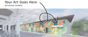 Image of a wall at Memorial Stadium with an arrow pointing to the student mural locations.