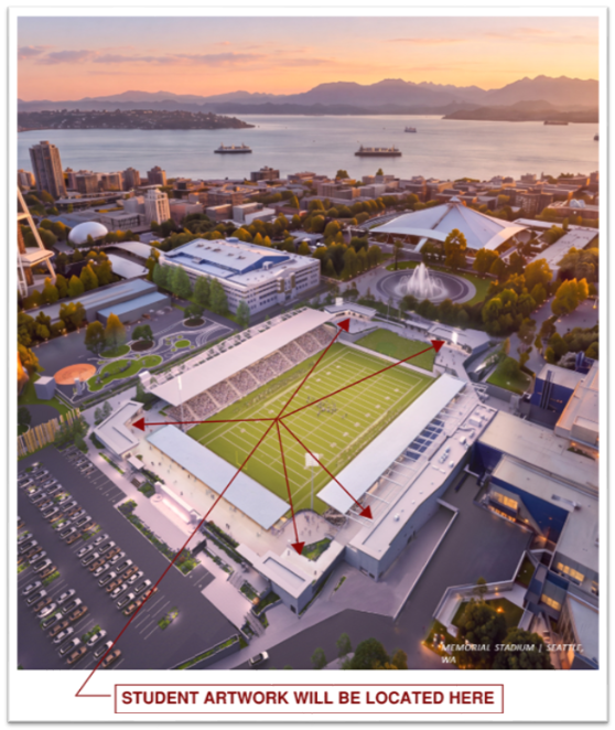 Image of Memorial Stadium with a large green field, stadium stands, and arrows pointing to the student mural locations.