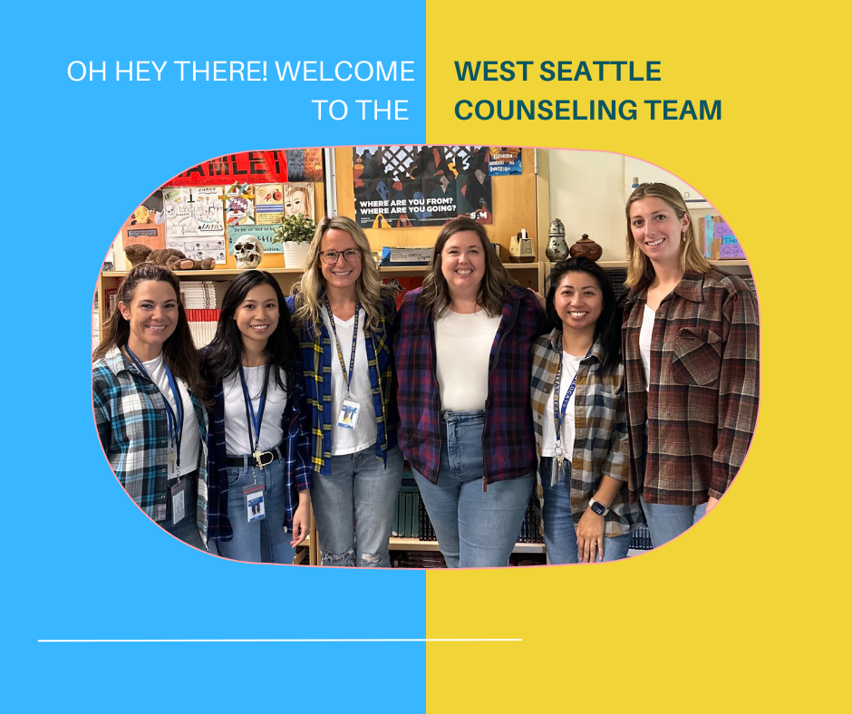 Blue and yellow frame to a team photo "Oh hey there! welcome to the West Seattle Counseling Team"