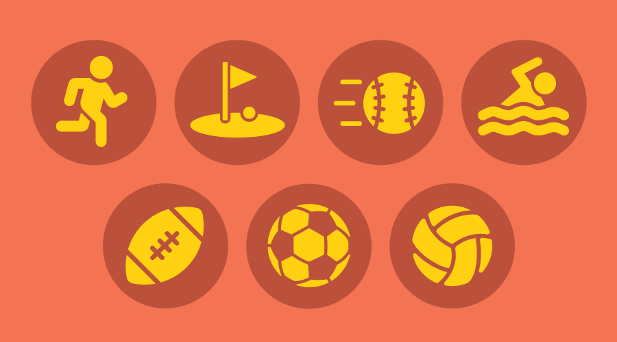Graphic of fall sports includes a person running cross country, a golf course, a slowpitch softball, a swimmer, a football, a soccer ball, and a volleyball