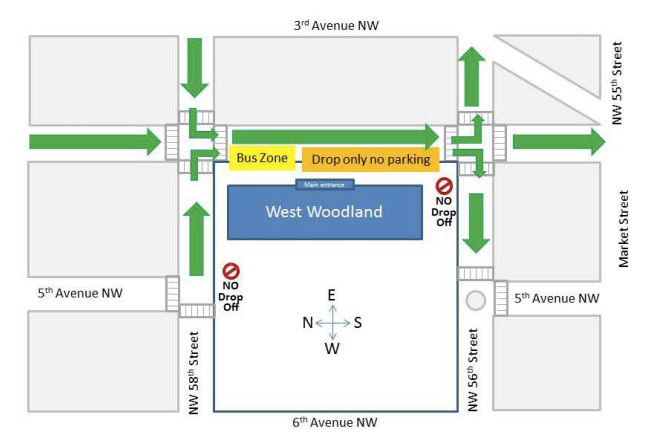 drop off/ pick up map. details on the page.

south of bus zone drop off only, no parking.
no drop off on nw 58th street and nw 56th street