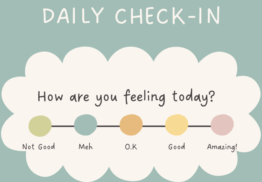 Colored dots Feelings Chart. Text: Daily Check In. How are you feeling today? Not good, mch, Ok, good, amazing.
