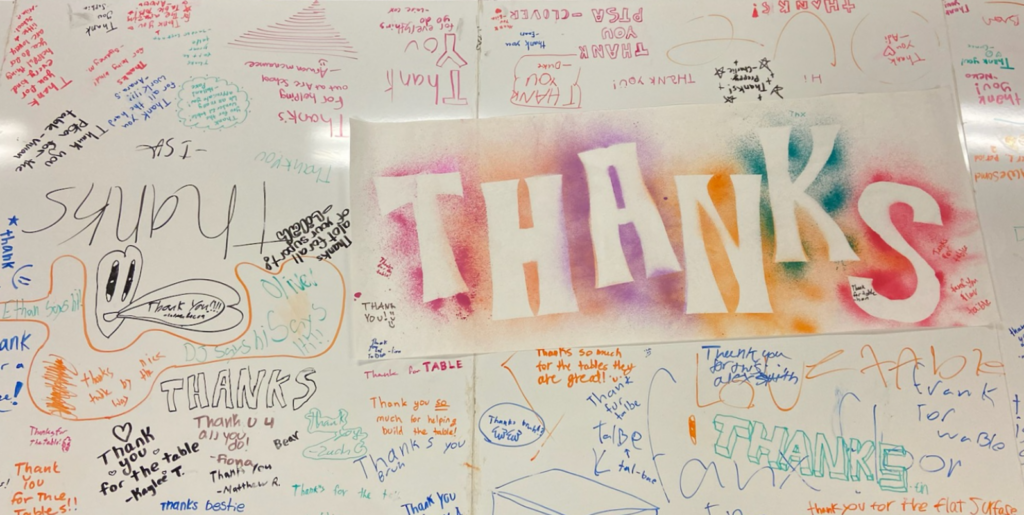 Table Top with hand written notes of Thanks from students. 