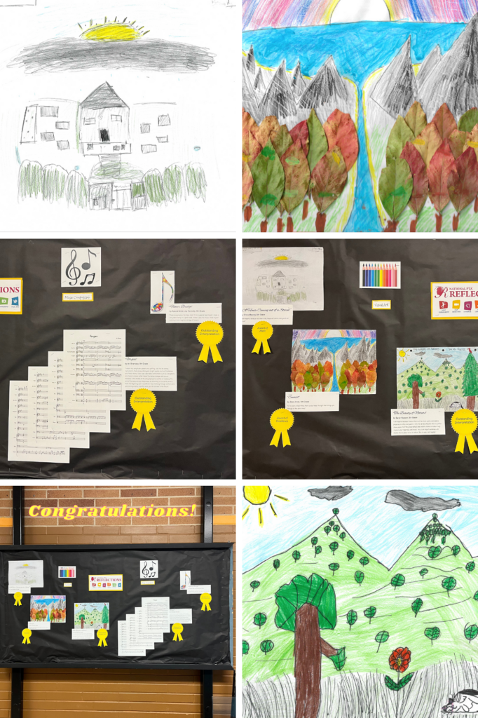 Bulletin Board of artwork. House and sun, Trees, Musical Compositions,