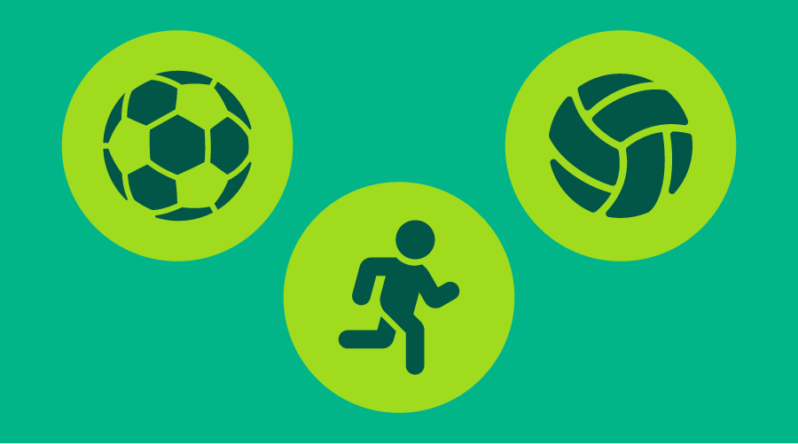 Graphic of spring sports includes a soccer ball, volleyball, and person running in track and field