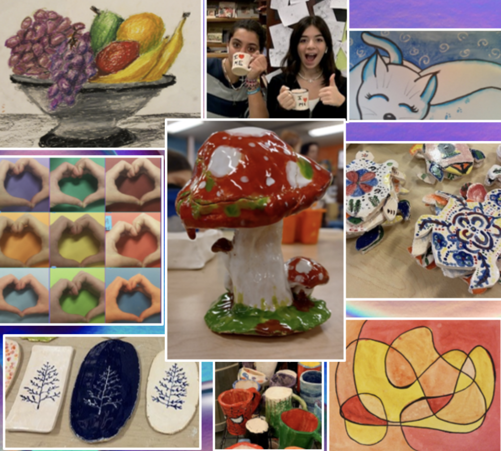 Ceramics Collage. Students drinking out of mugs, Mushroom and other Mug ceramic items.