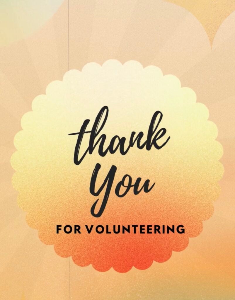 Thank You Card given to Volunteers