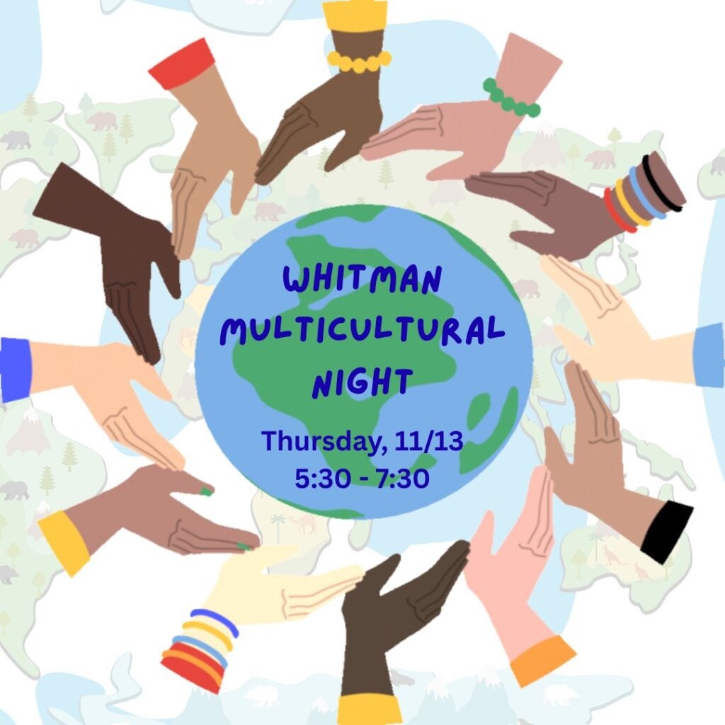 Hands in a circle around the world globe. Text: Whitman Multicultural Night. Nov. 13, 2025