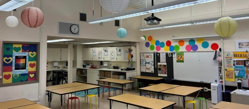 Art Classroom with table and hanging decorations