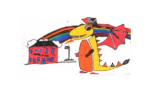 Student color drawing dragon and school building.