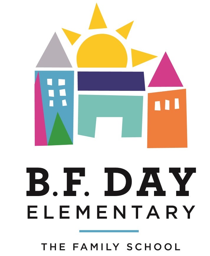 Sun and School Building Shapes. Text: B.F. Day Elementary The Family School