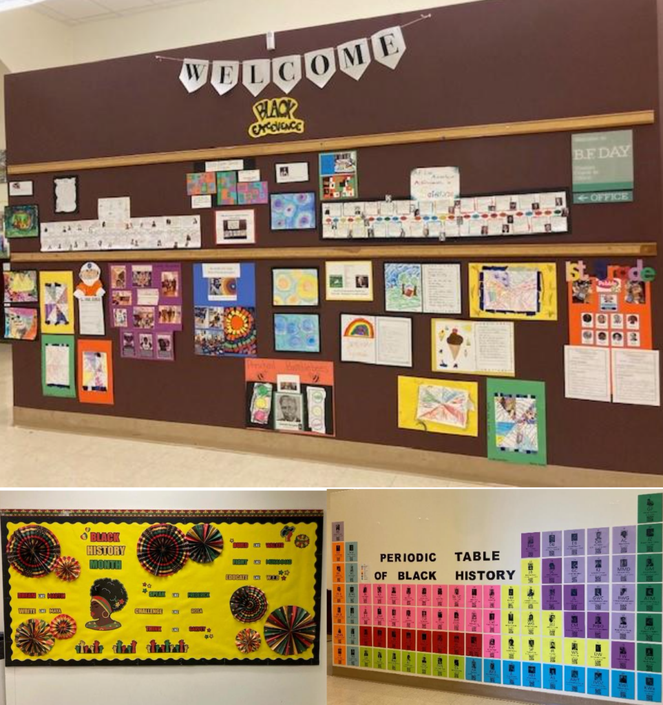 Collage of Bulletin Boards at school celebrating Black History Month. Periodic Table of Black History, Colorful Artwork.