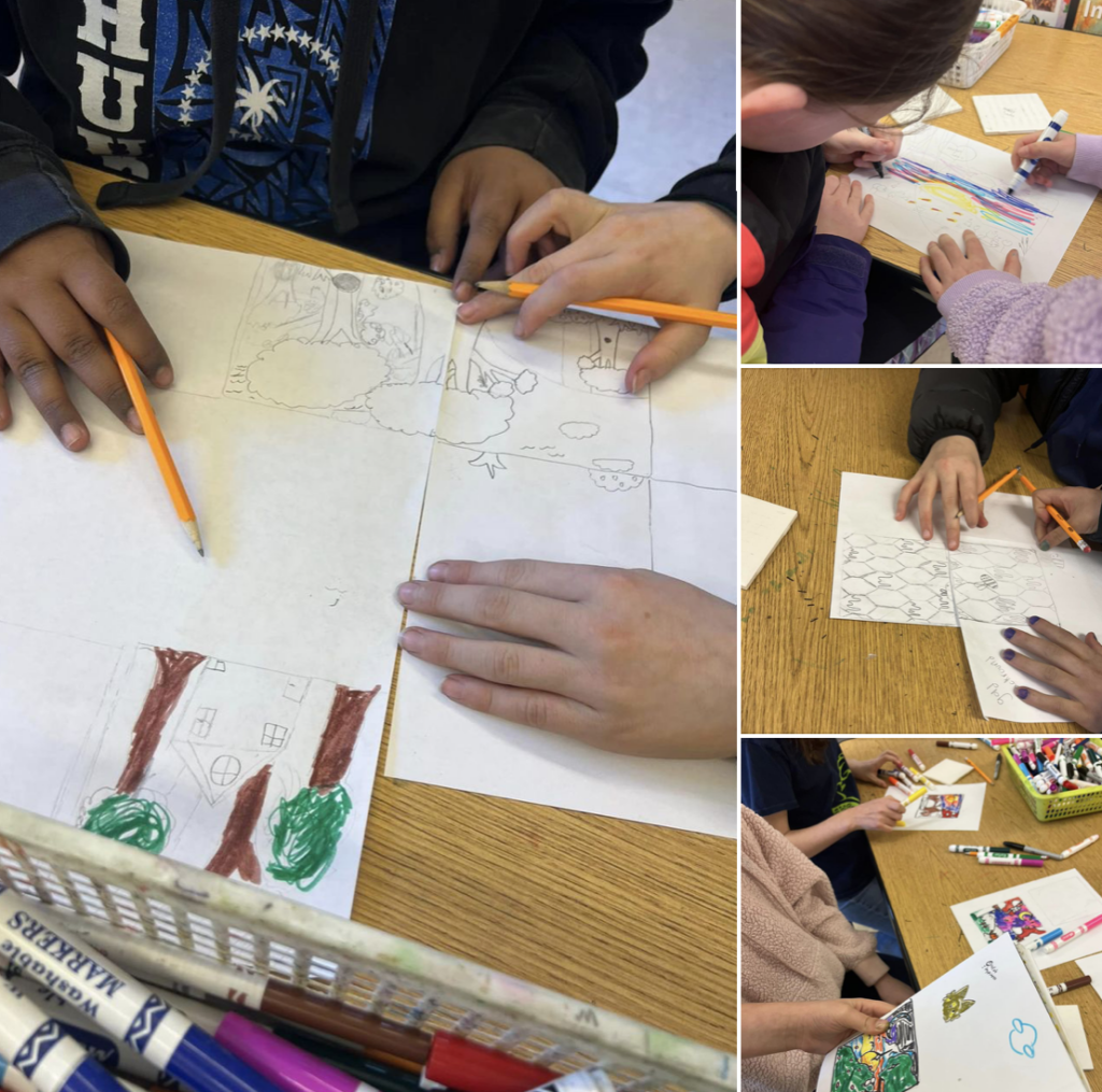 Students hands drawing on paper on tables in the artroom.