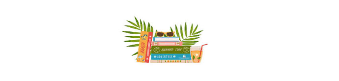 Stack of books banner with sunglasses sitting on the top and palm leaves.
