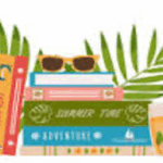 Stack of books banner with sunglasses sitting on the top and palm leaves.