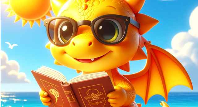 Sunny the Dragon reading a book.