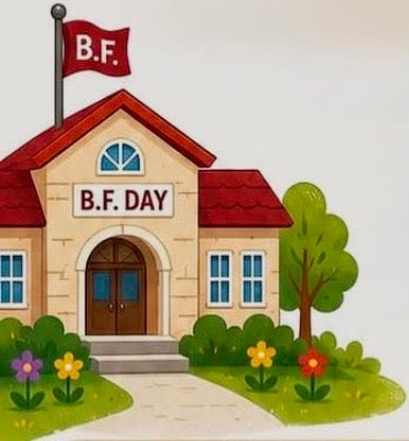 Image of School. With B.F Day flag.