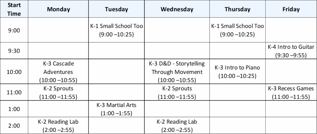 Kindergarten class schedule 2025-26 Semester 2