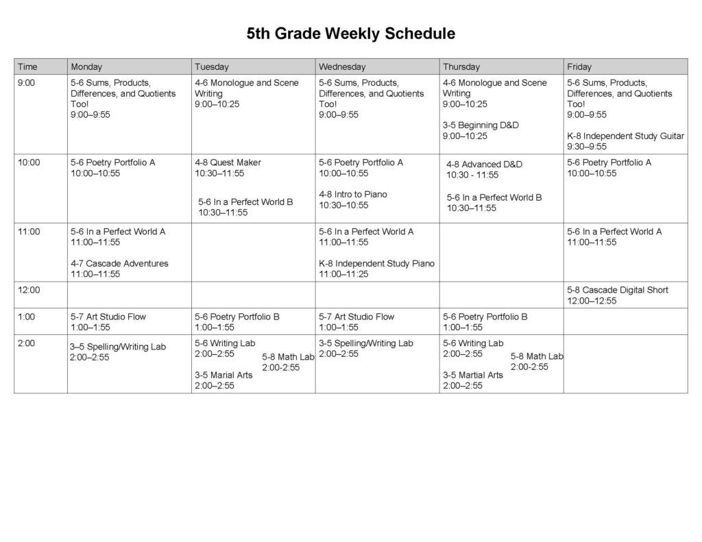 Fifth grade weekly schedule
