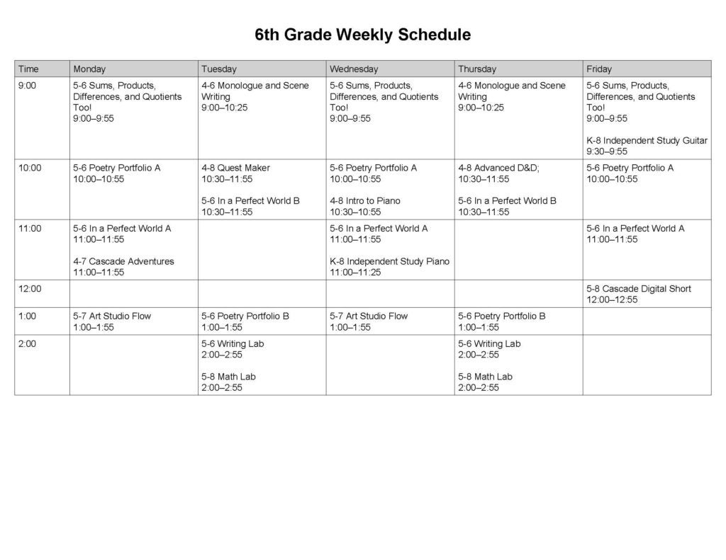 Sixth Grade Weekly Schedule
