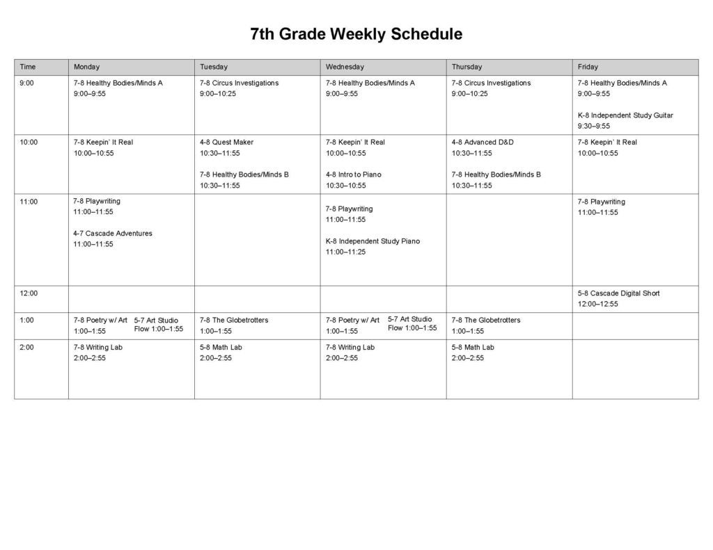 7th Grade Weekly Schedule
