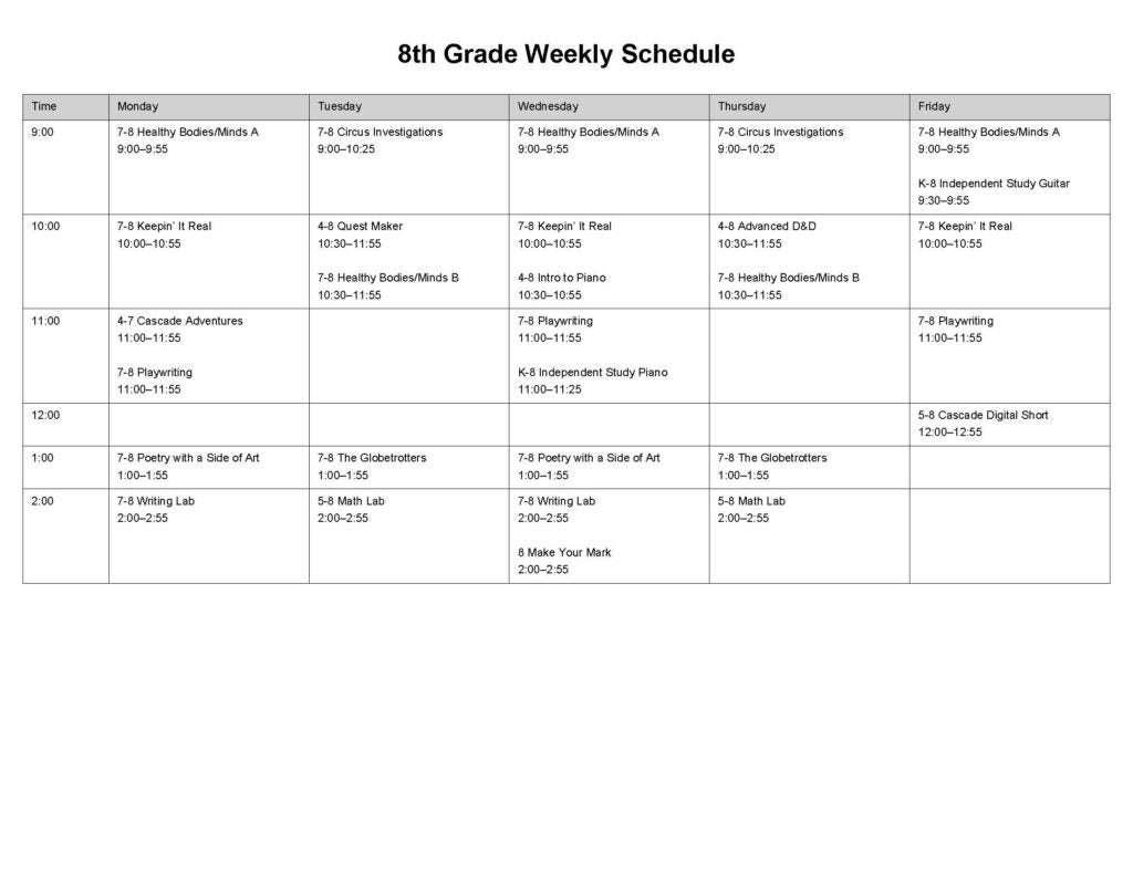 8th Grade Weekly Schedule
