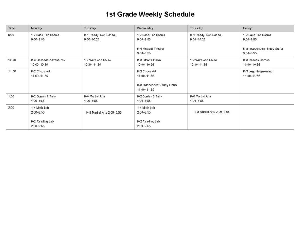 1st grade weekly view of classes